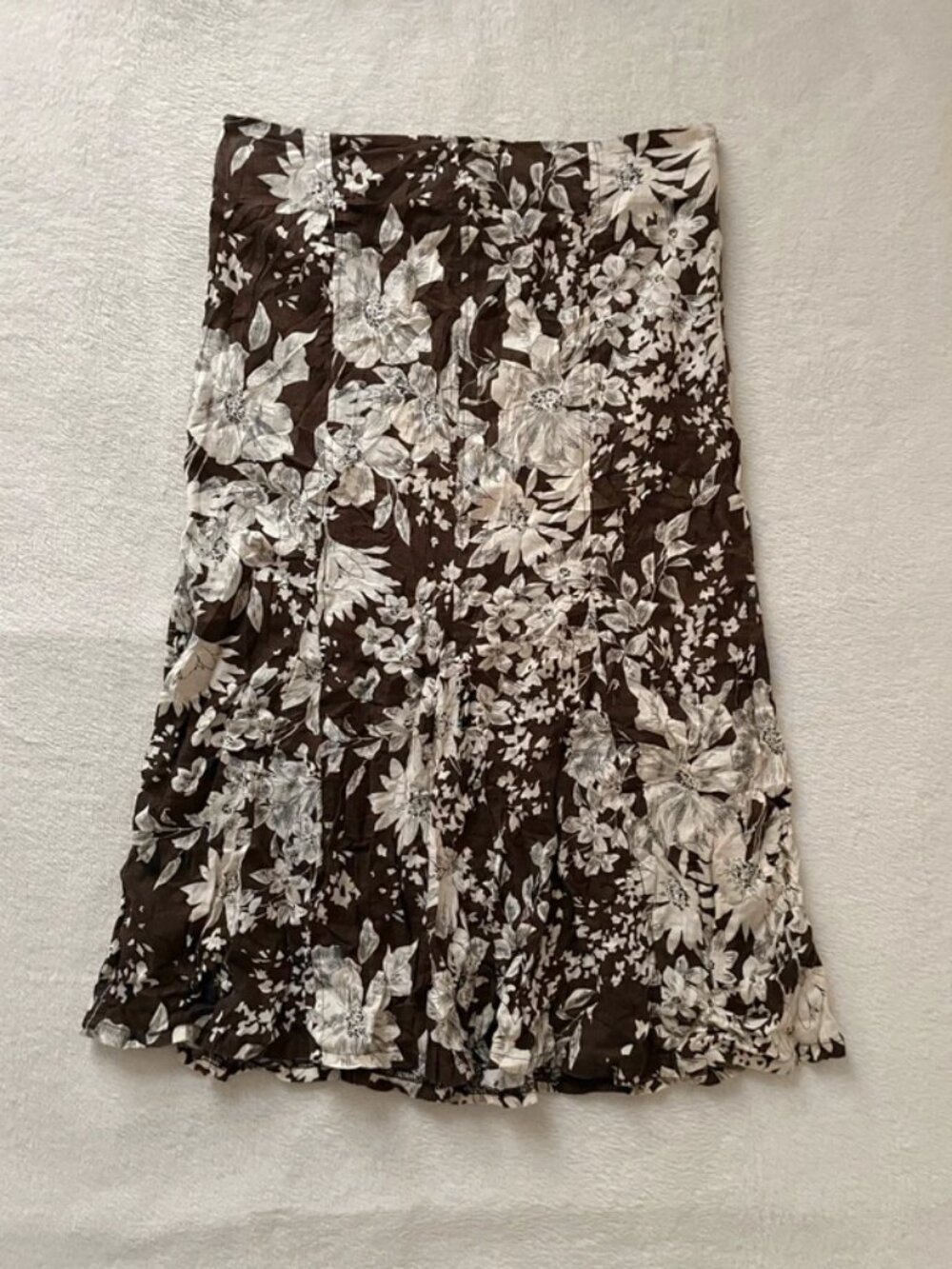 Vintage Brown and Beige Linen and Cotton Floral Midi Skirt Size 10